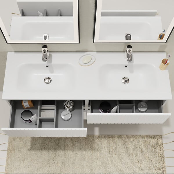 GODART - Meuble salle de bain strié 140 cm - Double vasque Solid surface - Blanc mat - A suspendre - Karaib 2 - large