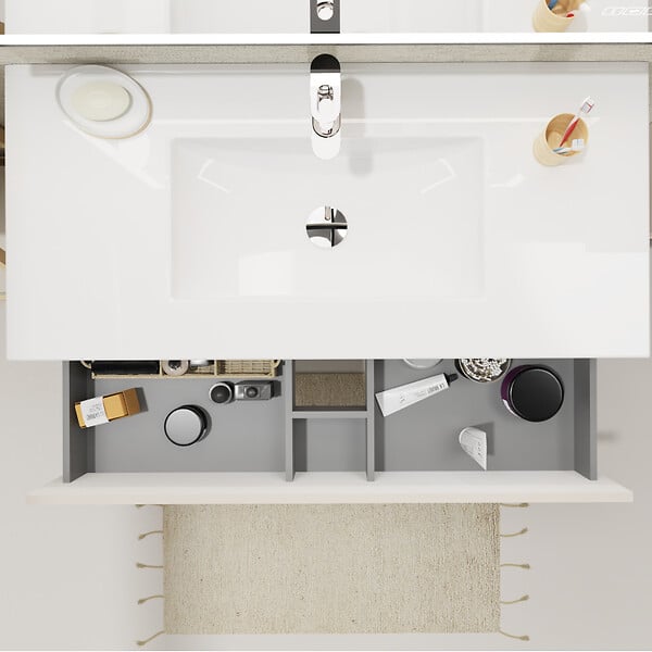 GODART - Meuble salle de bain 100 cm - Plan vasque céramique - Beige cachemire mat - A suspendre - Karaib 2 - large