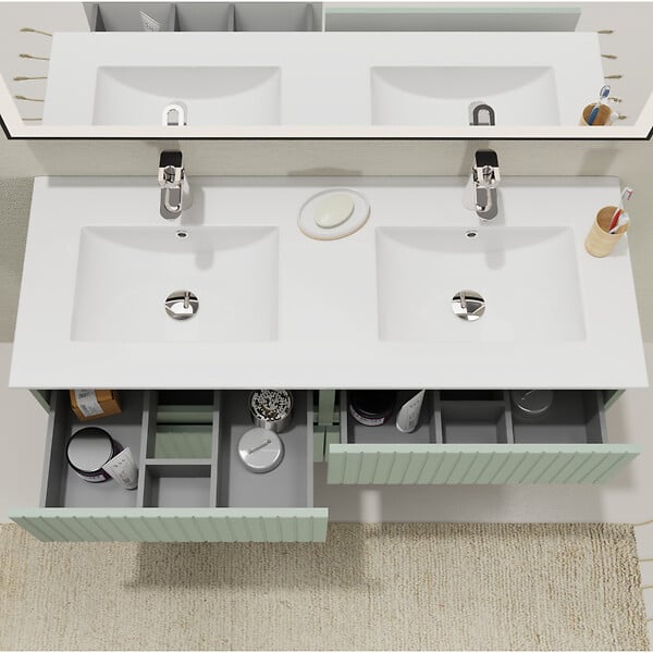 GODART - Meuble salle de bain strié 120 cm - Double vasque céramique - Vert mat - A suspendre - Karaib 2 - large
