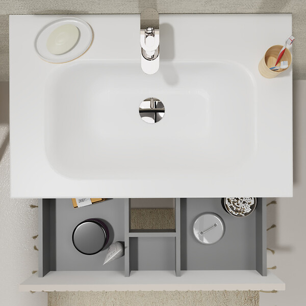 GODART - Meuble salle de bain strié 70 cm - Plan vasque Solid surface - Beige cachemire mat - A suspendre - Karaib 2 - large