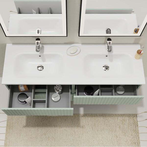 GODART - Meuble salle de bain strié 140 cm - Double vasque Solid surface - Vert mat - A suspendre - Karaib 2 - large