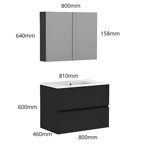 ALLIBERT - Ensemble meuble salle de bain 80 cm + armoire - plan céramique - Noir mat - A suspendre - Donna - large