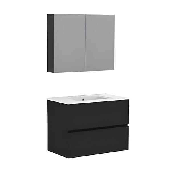 ALLIBERT - Ensemble meuble salle de bain 80 cm + armoire - plan céramique - Noir mat - A suspendre - Donna - large