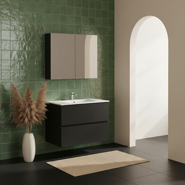 ALLIBERT - Ensemble meuble salle de bain 80 cm + armoire - plan céramique - Noir mat - A suspendre - Donna - large
