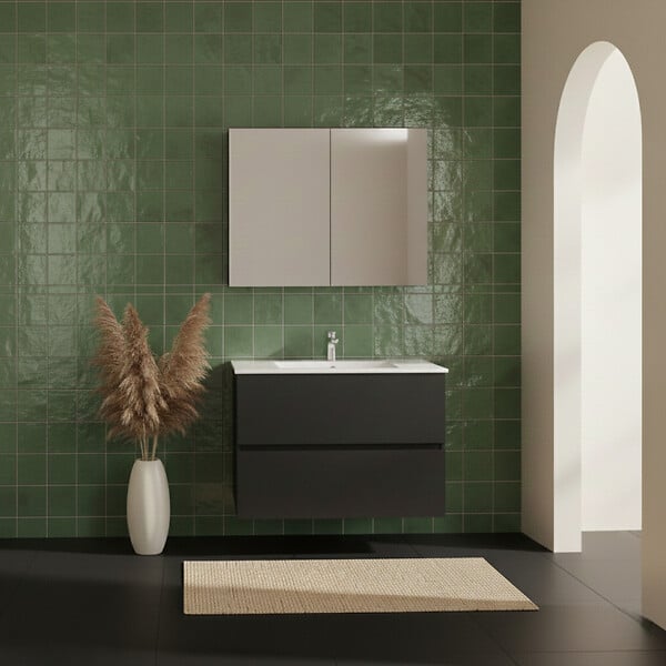 ALLIBERT - Ensemble meuble salle de bain 80 cm + armoire - plan céramique - Noir mat - A suspendre - Donna - large