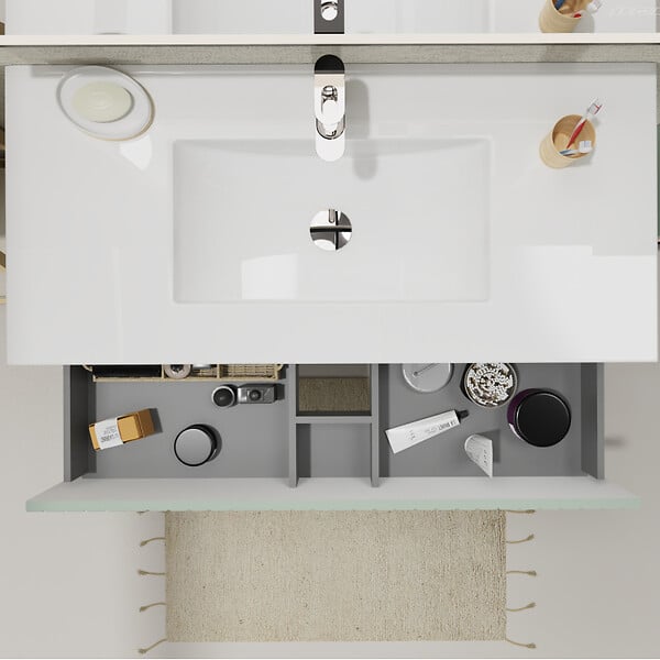 GODART - Meuble salle de bain strié 100 cm - Plan vasque céramique - Vert mat - A suspendre - Karaib 2 - large