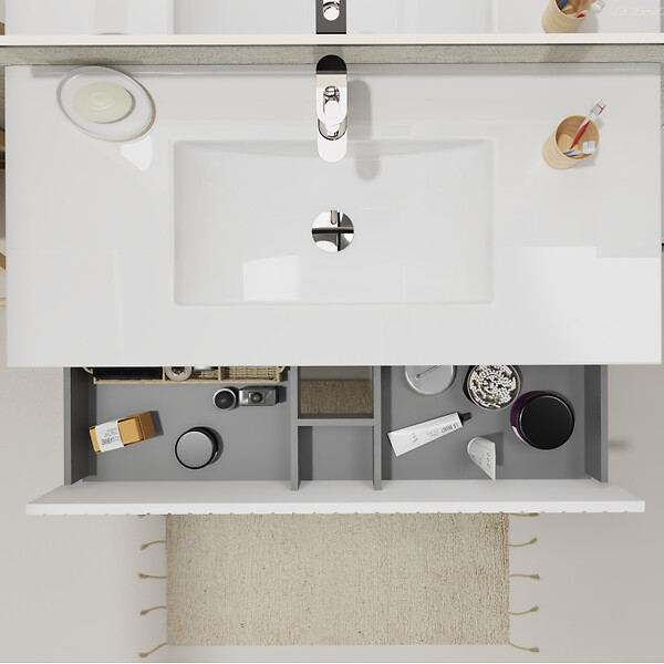 GODART - Meuble salle de bain strié 100 cm - Plan vasque céramique - Blanc mat - A suspendre - Karaib 2 - large