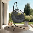 ID MARKET - Fauteuil rond suspendu ajouré effet rotin gris avec coussin gris - vignette
