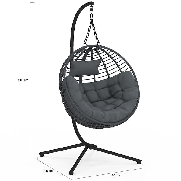 ID MARKET - Fauteuil rond suspendu ajouré effet rotin gris avec coussin gris - large