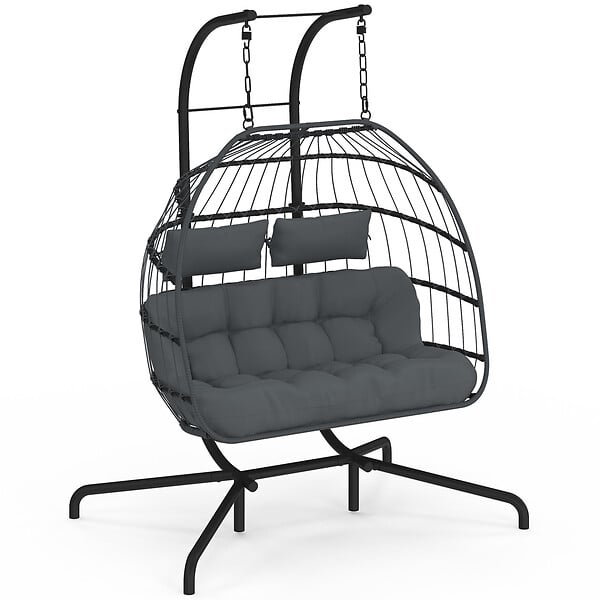 ID MARKET - Fauteuil oeuf suspendu ajouré 2 places effet rotin gris avec coussin gris - large