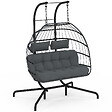 ID MARKET - Fauteuil oeuf suspendu ajouré 2 places effet rotin gris avec coussin gris - vignette