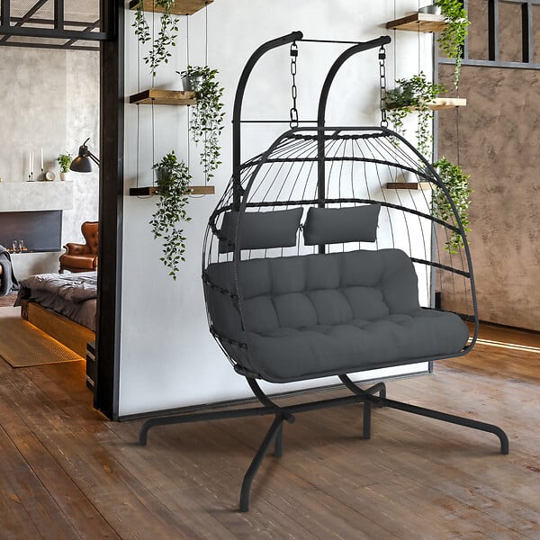 ID MARKET - Fauteuil oeuf suspendu ajouré 2 places effet rotin gris avec coussin gris - large