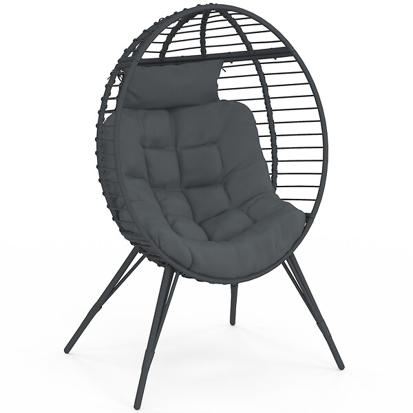 ID MARKET - Fauteuil oeuf sur pied ajouré gris effet rotin avec coussin gris - large