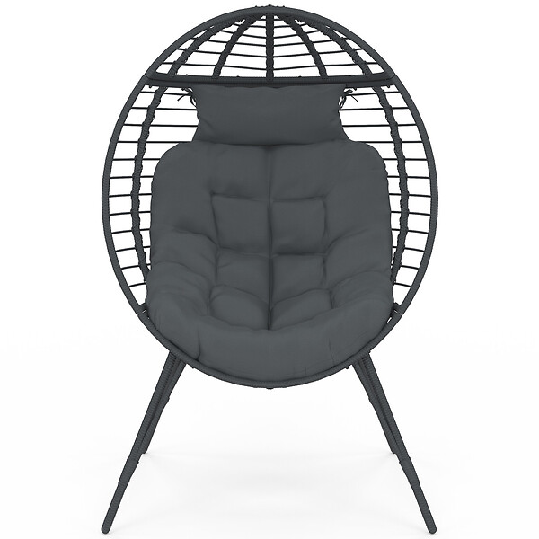ID MARKET - Fauteuil oeuf sur pied ajouré gris effet rotin avec coussin gris - large