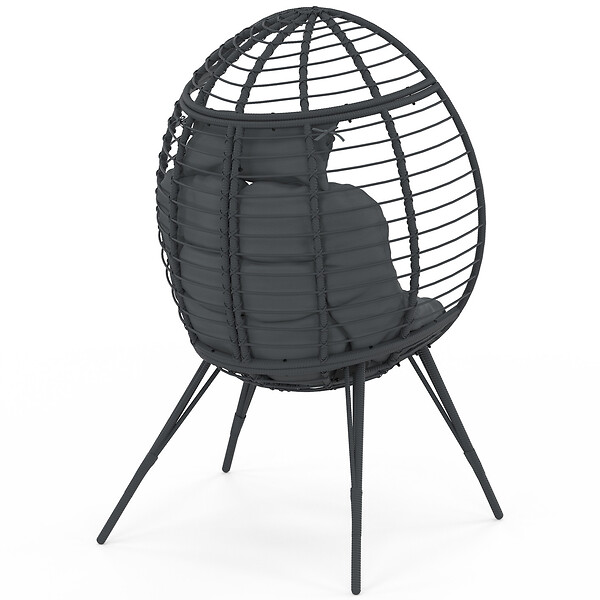 ID MARKET - Fauteuil oeuf sur pied ajouré gris effet rotin avec coussin gris - large