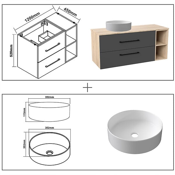 AICA SANITAIRE - AICA Ensemble meuble de Salle de Bain Suspendu 120cm avec lavabo à poser + Colonne + Miroir LED Dimmable - large