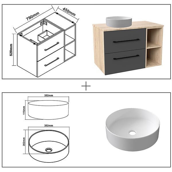 AICA SANITAIRE - AICA Ensemble meuble de Salle de Bain Suspendu 80cm avec vasque à poser + 2*Colonne + Miroir LED Dimmable, Anthracite + Chêne - large