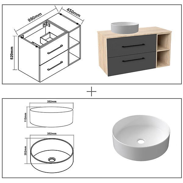 AICA SANITAIRE - AICA Ensemble meuble de Salle de Bain Suspendu 100cm avec vasque à poser + 2*Colonne + Miroir LED Dimmable, Anthracite + Chêne - large