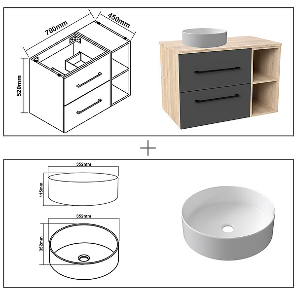 AICA SANITAIRE - AICA Ensemble meuble de Salle de Bain Suspendu 80cm avec vasque à poser + 2 Rangements Ouverts, Miroir LED Dimmable - large