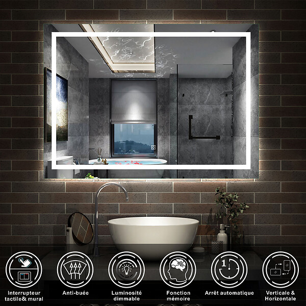 AICA SANITAIRE - AICA Ensemble meuble de Salle de Bain Suspendu 80cm avec lavabo à poser + 2*Colonne + Miroir LED Dimmable - large