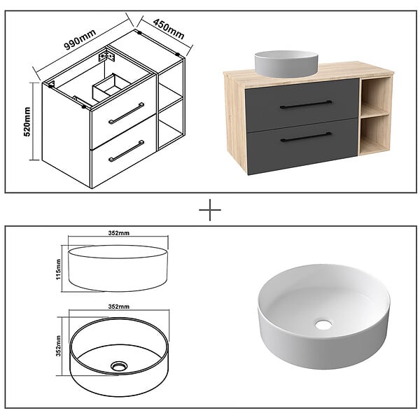 AICA SANITAIRE - AICA Ensemble meuble de Salle de Bain Suspendu 100cm avec vasque à poser + 2 Rangements Ouverts, Miroir LED Dimmable - large