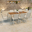 ID MARKET - Salon de jardin NOUMEA table 190 cm plateau verre trempé effet bois et 8 chaises empilables beige et bois - vignette
