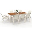 ID MARKET - Salon de jardin NOUMEA table 190 cm plateau verre trempé effet bois et 8 chaises empilables beige et bois - vignette