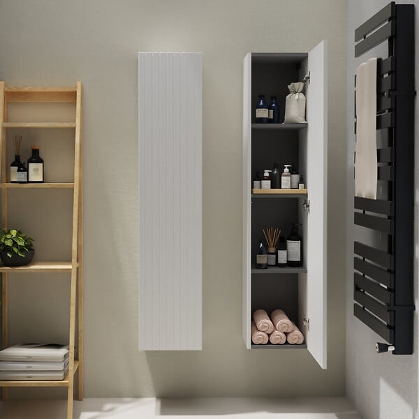 GODART - Meuble colonne salle de bain strié 140 cm suspendu - Blanc mat - Karaib 2 - large