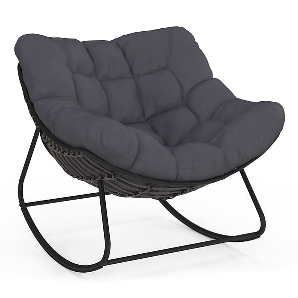 ID MARKET - Fauteuil de jardin à bascule LOA effet rotin gris avec coussin gris - large