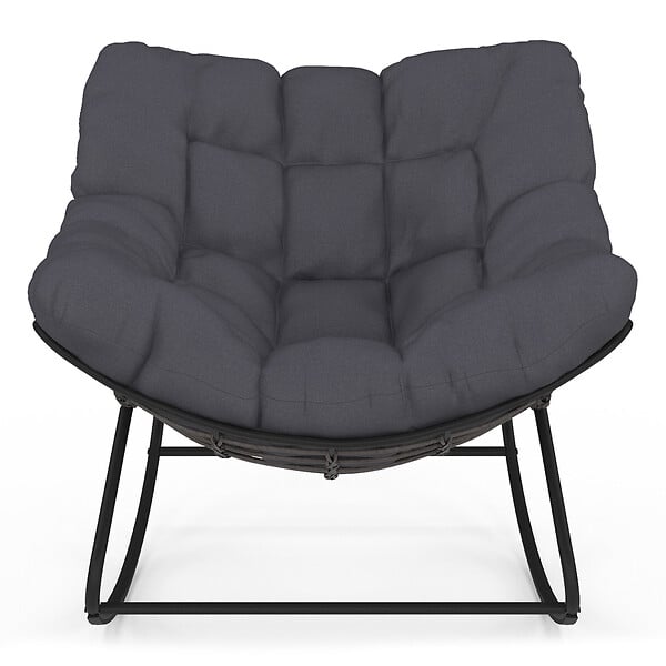 ID MARKET - Fauteuil de jardin à bascule LOA effet rotin gris avec coussin gris - large