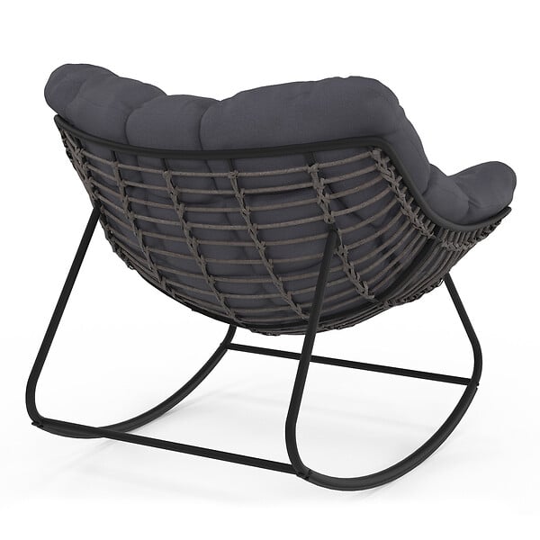 ID MARKET - Fauteuil de jardin à bascule LOA effet rotin gris avec coussin gris - large