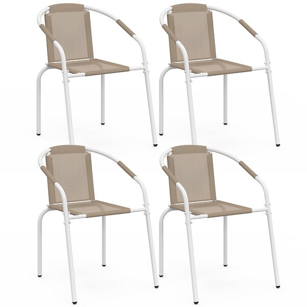 ID MARKET - Lot de 4 chaises de jardin THELMA métal et textilène empilables blanc et beige - large