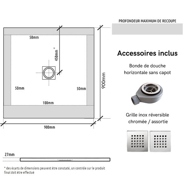 GODART - Receveur de douche 90x90 extraplat antidérapant blanc effet texturé + bonde - Ceane - large