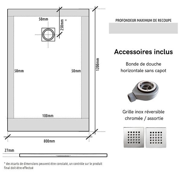 GODART - Receveur de douche 80x120 extraplat antidérapant blanc effet texturé avec bonde - Ceane - large