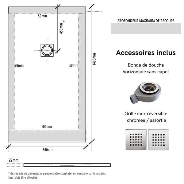 GODART - Receveur de douche 80x140 extraplat antidérapant blanc effet texturé avec bonde - Ceane - large