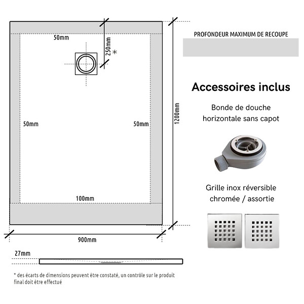 GODART - Receveur de douche 90x120 extraplat antidérapant blanc effet texturé + bonde - Ceane - large