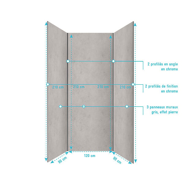 AURLANE - Pack 3 Panneaux Muraux Pierre Light Grey 90+120+90 x 210cm et Profilés Chrome - STONE'IT - large