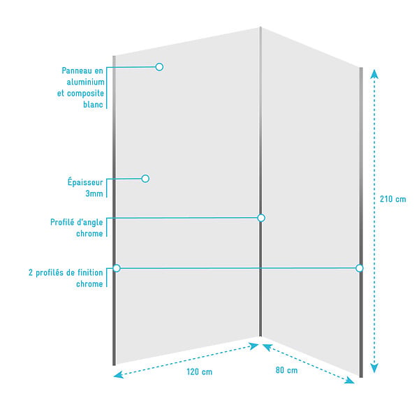 AURLANE - Lot de 2 Panneaux Muraux Aluminium Blanc 80+120 x 210 cm avec Profilés Chrome - WALL'IT - large