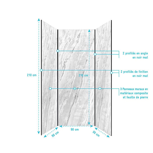AURLANE - Pack 3 Panneaux Muraux Pierre Artic Storm 90x210cm et Profilés Noirs - STONE'IT - large