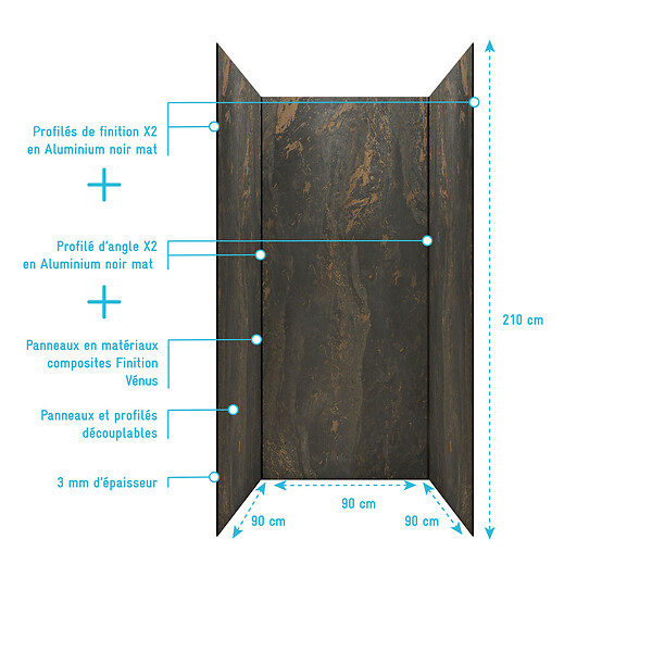 AURLANE - Pack 3 Panneaux Muraux Pierre Venus 90x210cm et Profilés Noirs - STONE'IT - large
