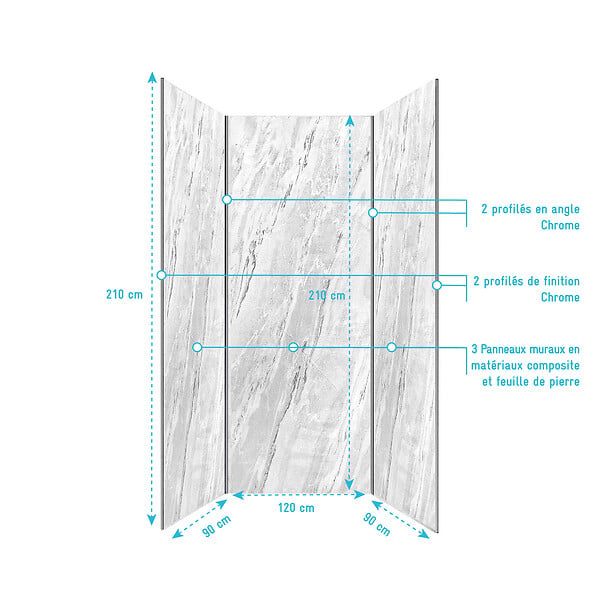 AURLANE - Pack 3 Panneaux Muraux Pierre Artic Storm 90+120+90 x 210cm et Profilés Chrome - STONE'IT - large
