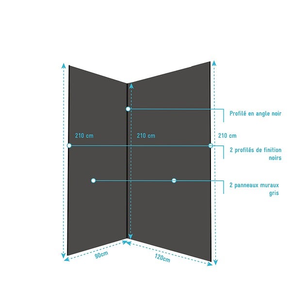 AURLANE - Pack 2 Panneaux Muraux en Aluminium Gris 90+120x210 cm + Profilés Noir - WALL'IT - large