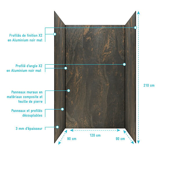 AURLANE - Pack 3 Panneaux Muraux Pierre Venus 90+120+90 x 210cm et Profilés Noirs - STONE'IT - large