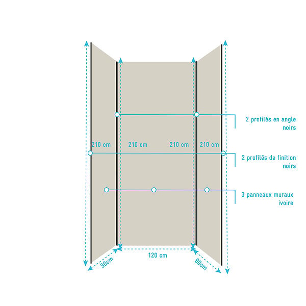 AURLANE - Pack de 3 Panneaux Muraux Aluminium Ivoire 90+120+90x210 cm avec Profilés Noirs - WALL'IT - large