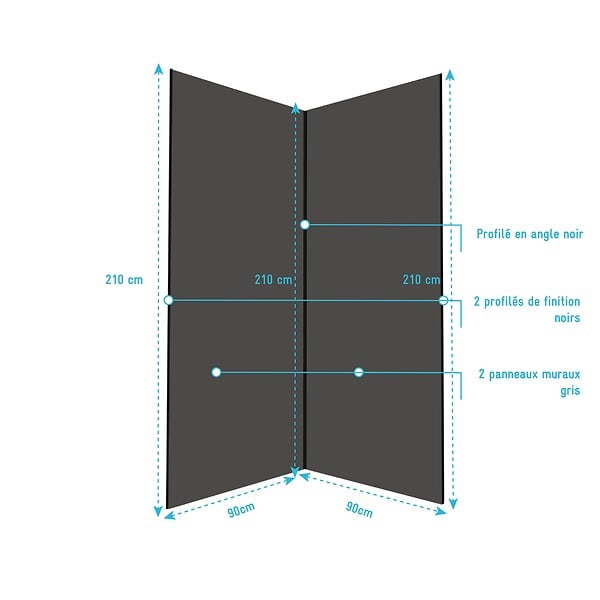 AURLANE - Pack 2 Panneaux Muraux en Aluminium Gris 90x210 cm + Profilés Noir - WALL'IT - large