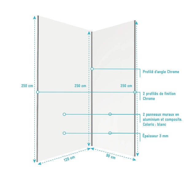AURLANE - Lot 2 panneaux muraux aluminium Blanc 90 et 120 x 250 cm avec profilés chrome - WALL'IT - large