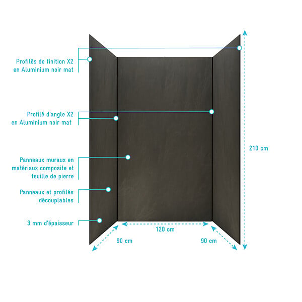 AURLANE - Pack 3 Panneaux Muraux Pierre Ardoise 90+120+90 x 210cm et Profilés Noirs - STONE'IT - large