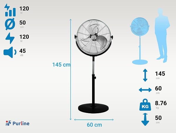 PURLINE - Ventilateur industriel sur pied 120W avec hauteur régable - large