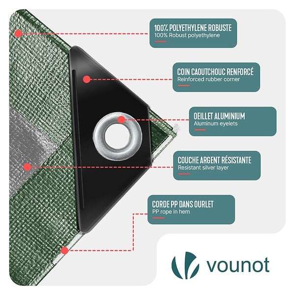 VOUNOT - Bâche de Protection en Polyéthylène resistant et impermeable 240g/m² vert et argent 3x5m - large