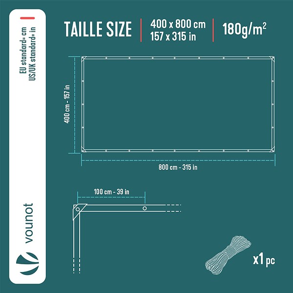 VOUNOT - Bâche de Protection en Polyéthylène resistant et impermeable 180g/m² gris et noir 4x8m - large